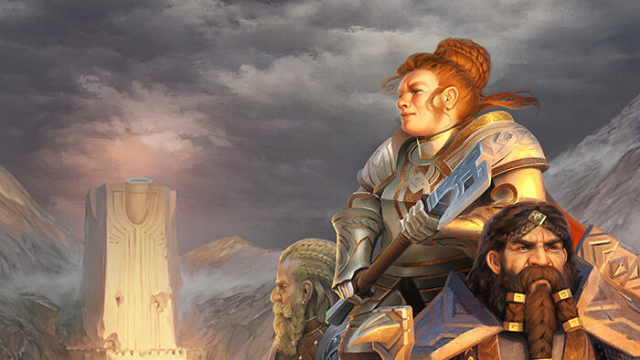 Book Cover "The Dwarves" by Markus Heitz. Two Dwarves standing in front of a Castle